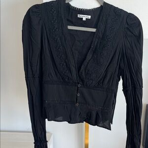 Reformation Black Lace-Trim V-Neck Peplum Blouse